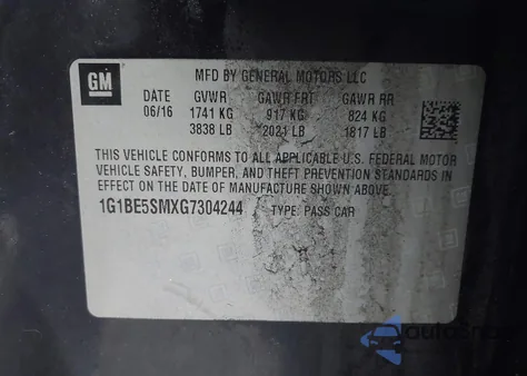 2016 Chevrolet Cruze Lt Auto from USA, damaged, VIN 1G1BE5SMXG7304244